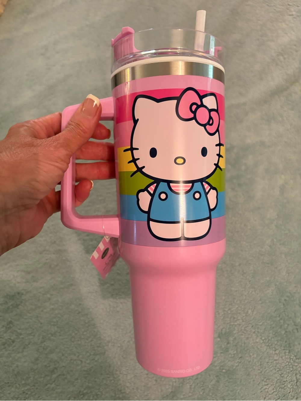 Hello Kitty Pink Rainbow Tumbler with Handle and Straw Travel Mug Water Bottle